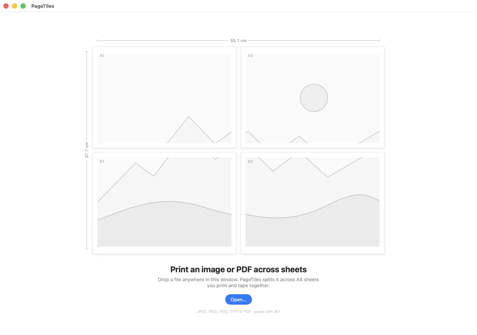 Empty Page Tiles window asking for an image or PDF to tile, with a drop area.